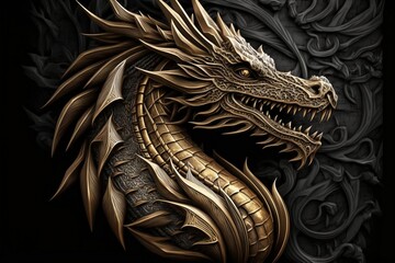 A gold dragon carving on a dark background. AI