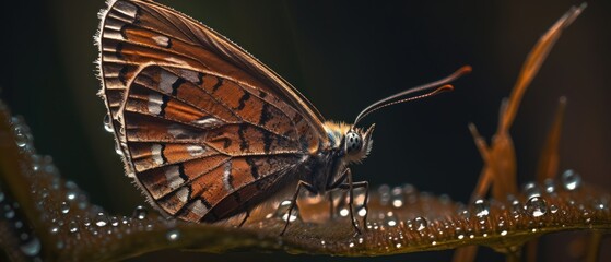 Fototapeta na wymiar Butterfly with dew drops, close-up view of a butterfly with small water droplets on its wings. Generative AI