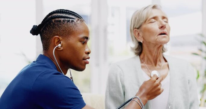 Nurse, senior woman and stethoscope for breathing test for healthcare, wellness or listening for chest problem. Nursing home, listen and breathe with black man, elderly female patient for lung health