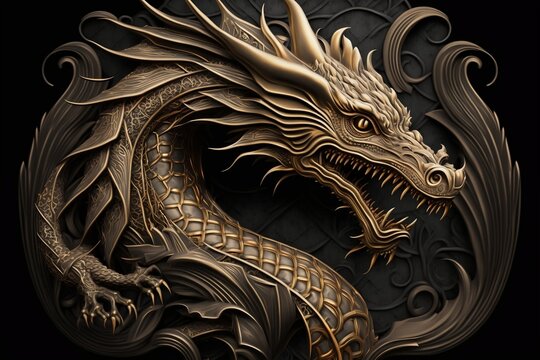 A gold dragon carving on a dark background. AI