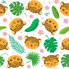 Cute cheetah seamless pattern. Leopard face kawaii style. Cartoon safari animal head. Palm leaves and tropical flowers. Summer repeat design for children fashion print, textile fabric, paper, so on. © Cute Design