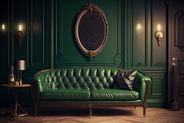 Vintage Lounge with Dark Wood Paneling, a Mirror, and a Classic 1940s Green Leather Sofa exuding Elegance. AI