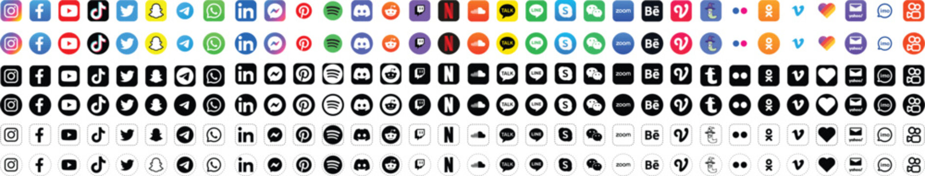 Facebook, Twitter, Instagram, Youtube, Snapchat, Pinterest, Whatsapp, Linkedin, Tiktok Collection Social Media Logo	