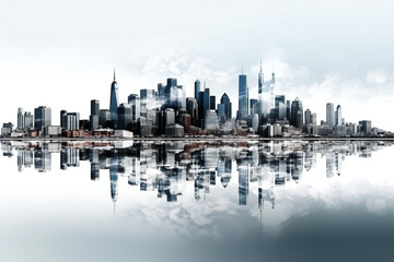 Fototapeta na wymiar New York City skyline reflected in water, Generative AI