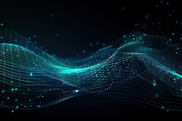 Abstract wave technology background, moving dots and lines,  flow of particles. Cyber connection concept illustration, 3D rendering, created with Generative AI
