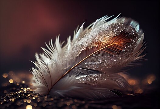 image, white feather with glitter on blurred background, generative AI
