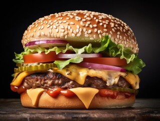 Fully Loaded Fast Food Burger Close-up Shot