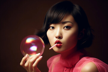 A asian girl blowing a bubble with her lips AI generation - obrazy, fototapety, plakaty