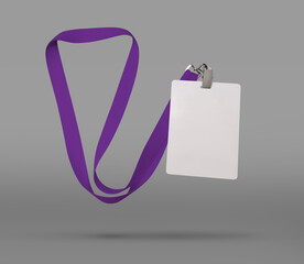 Plastic badge. ID card with purple ribbon. Template designed for employees and guests of company....