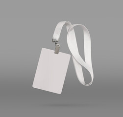 Plastic badge. ID card with white ribbon. Template designed for employees and guests of company. Can be used for show, events, concerts and performances. Or for speakers and organizers. - obrazy, fototapety, plakaty
