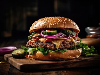 Close-Up of Flavorful Gourmet Burger with Toppings, Aromatic and Juicy, Irresistible Cravings, Mouth-Watering Delight.