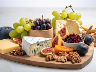 Close-Up Shot of Gourmet Cheese Board with Different Types of Cheese, Accompaniments, and Decoration