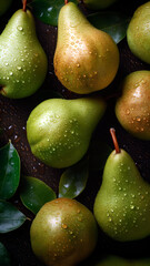 Fototapeta na wymiar Fresh Pear background, adorned with glistening droplets of water, top down view.