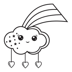 cute character cloud with rainbow, black outline, isolated doodle illustration