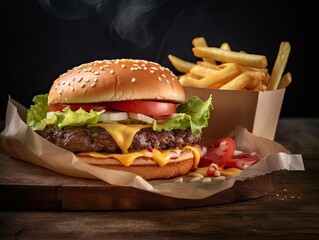 Close-up of Juicy Burger with Lettuce and Tomato, Artistic Shot.