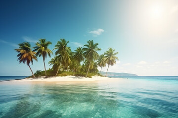 Fototapeta na wymiar Tropical island with palm trees and sand beach at sunny day, Generative AI