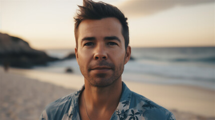 portrait of a with hair standing on the beach, nice light sunrise sunset, generative AI