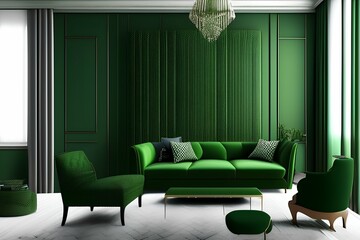 modern interior design for upholstered furniture on the background of a dark green classic wall - generative ai
