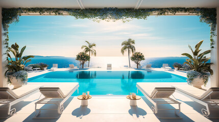 Fototapeta na wymiar A captivating image of a chic poolside lounge area, offering a perfect blend of lavish design and awe-inspiring ocean views for an unforgettable summer experience