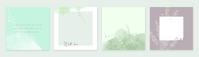 Floral watercolor square templates for social media posts, cards, banners about beauty, cosmetics, jewelry or wedding.