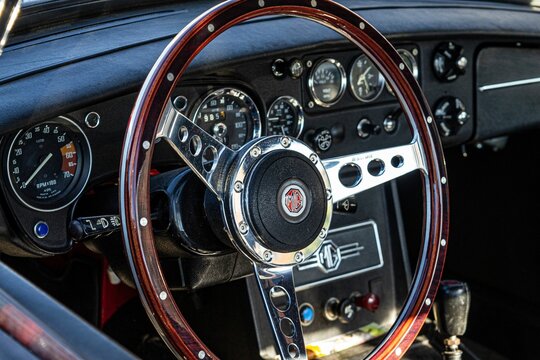 Interior view of a vintage MGB two-door sports car from the 1960s