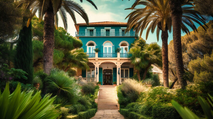 Fototapeta na wymiar A captivating image of an exquisite summer villa, blending modern design with Mediterranean charm for a high-end retreat