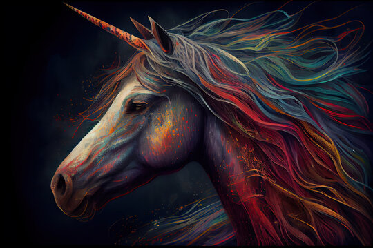 illustration Magic unicorn with galaxy rainbow hair and mane. Cartoon. fantasy background. generative AI