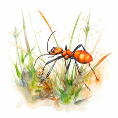 watercolor illustration of an ant on the ground and a blade of grass created with Generative Ai technology