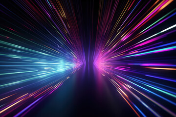 Speed of digital lights, Neon glowing abstract rays and stars in motion, Futuristic technology, Cosmic hyperspace moving through stars. 3D render illustration, created with Generative AI