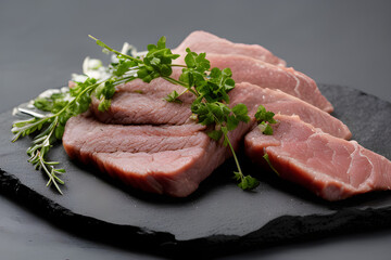Raw steak on a slate. Two raw steaks on a dark shale background. Slices of meat with seasoning