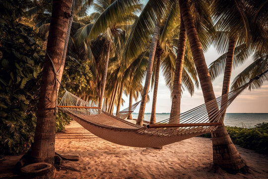 A hammock strung up between two palm trees on a tropical island.