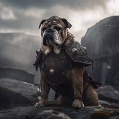 A viking bulldog stands tall, the dog is standing on a rocky surface