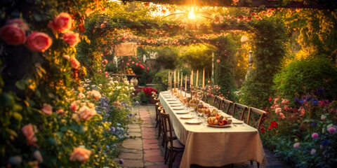 A refined, opulent outdoor dining area set against a picturesque garden for an enchanting soiree