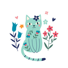Hand-drawn cat and flowers. Cute Flower Cat in cartoon style. Vector illustration isolated on white background. Design element of t-shirt, postcards, posters home textiles, children's textiles.