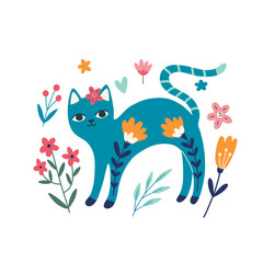 Hand-drawn cat and flowers. Cute Flower Cat in cartoon style. Vector illustration isolated on white background. Design element of t-shirt, postcards, posters home textiles, children's textiles.
