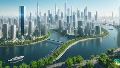 Fototapeta premium Digital illustration of a city with skyscrapers, generative AI