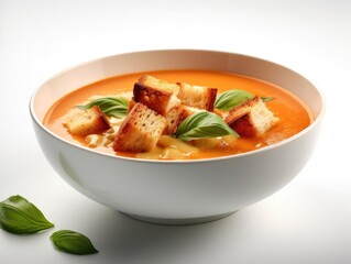 Creamy tomato bowl, steaming hot, close-up shot, top right view.