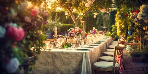 A refined, opulent outdoor dining area set against a picturesque garden for an enchanting soiree