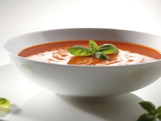 A steaming bowl of tomato soup garnished with herbs and spices.