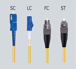 Fiber optic cable with SC, LC, FC and ST connector. vector