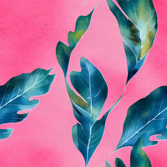 Abstract art background with leaves of tropical plants in pink color in a watercolor style. Botanical banner for decoration design, print, wallpaper, textile, and interior.