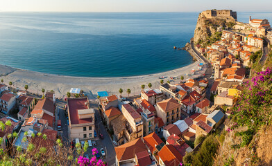 Town View with Castello Ruffo, Scilla, Calabria, Italy - obrazy, fototapety, plakaty