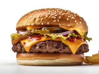 Dropdown shot of a prepared cheeseburger with delicious toppings, mouth-watering visual, high-quality image.