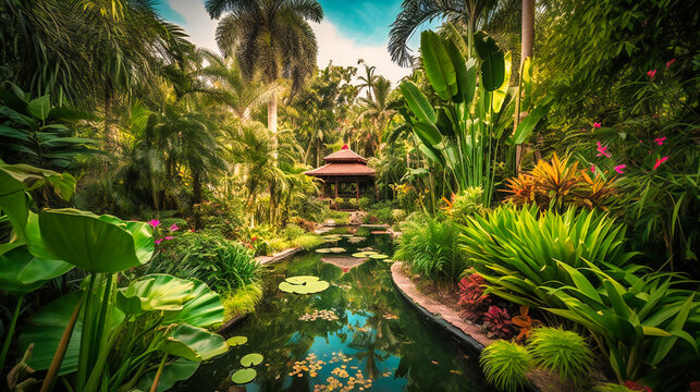 A stunning image of a private villa enveloped in a tropical garden oasis, providing the ultimate sanctuary for relaxation