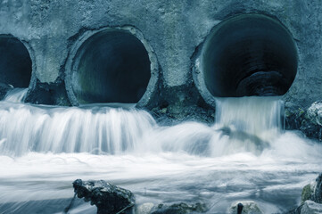 Wastewater flowing  from a concrete pipes. Ecology concept.