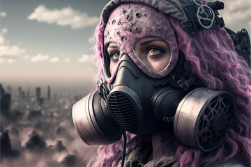Ilustración de una mujer con una máscara anti gas en un mundo apocalíptico. Generative Ai 