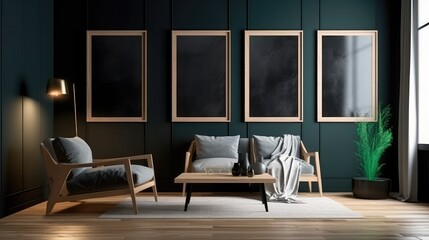 A modern living room with a picture frame on the wall. Generative AI