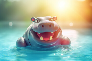 Happy hippo having fun and swimming in the pool, summer vacation concept. Generative AI