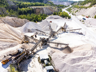 Drone view of open cast limestone quarry with conveyor system.