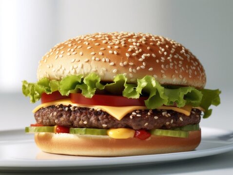 Fresh Juicy Burger with Lettuce, Tomato, Cheese and Condiments.